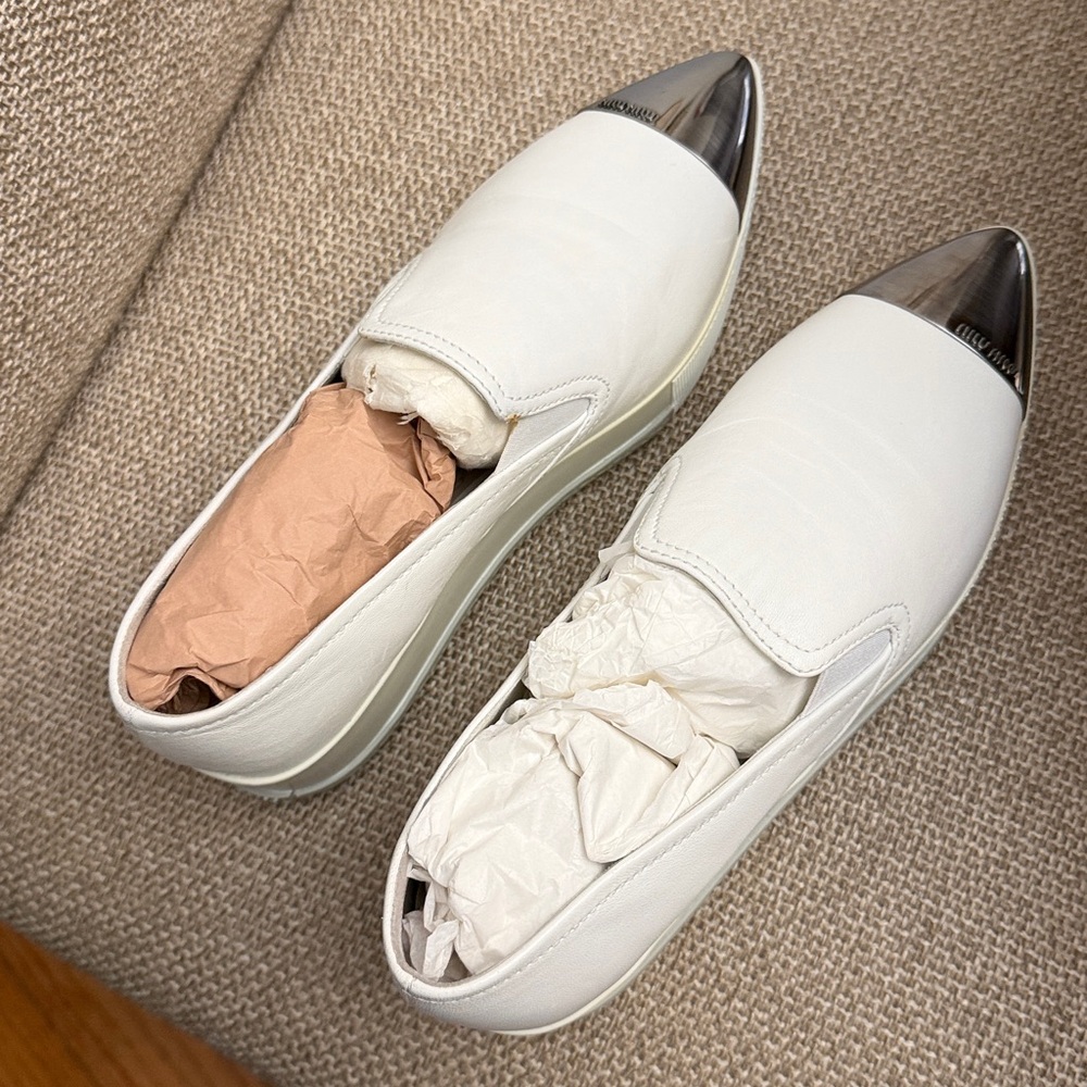 Miu Miu Platform Slip on Sneakers White Leather Silver Toe Cap
